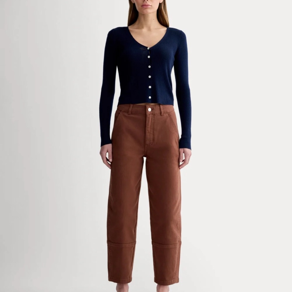 Everlane Navy Ribbed V-Neck Cardigan & Brown High-Rise Pants